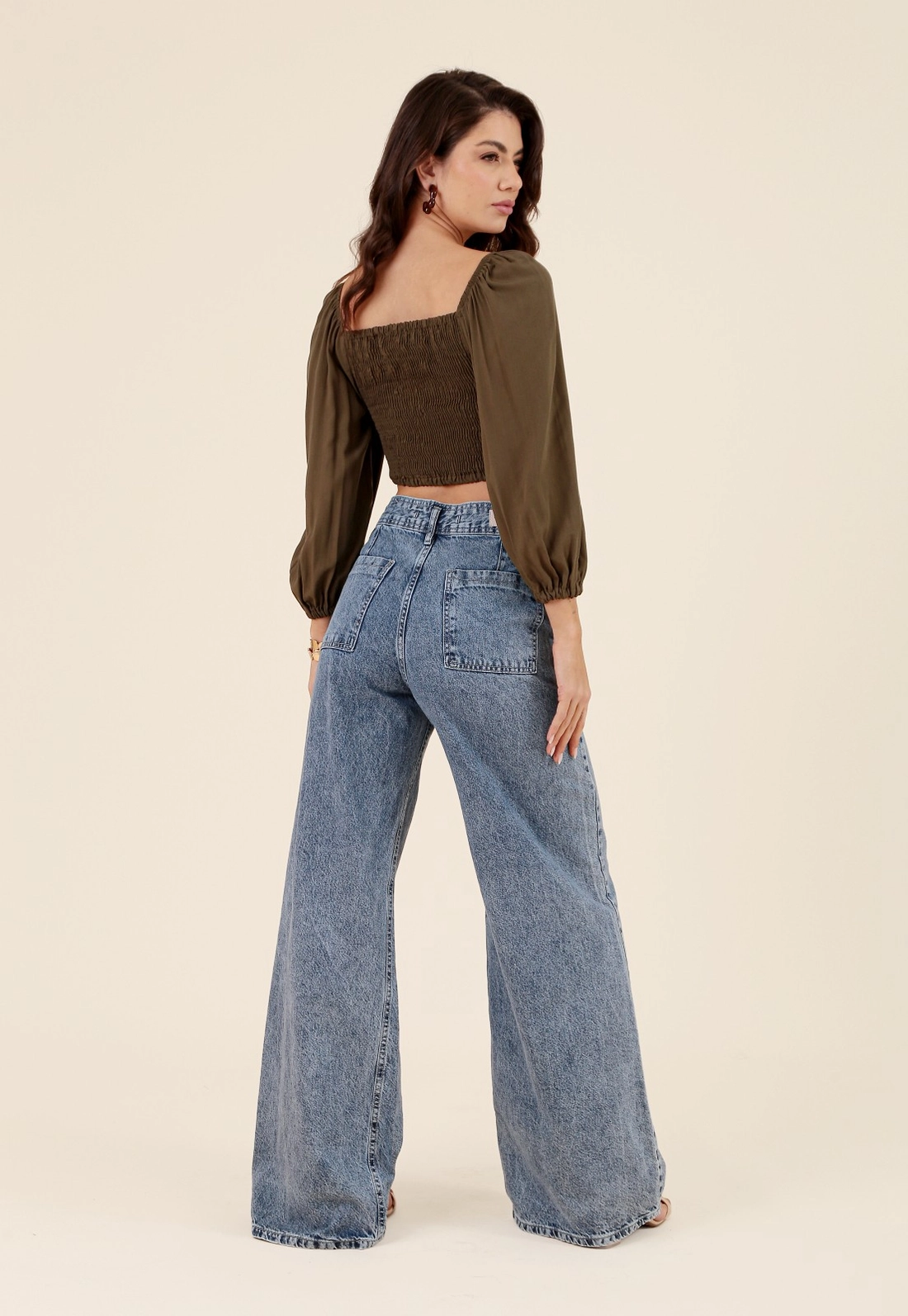Calça Wide Leg Jeans Bolso Faca Azul Claro