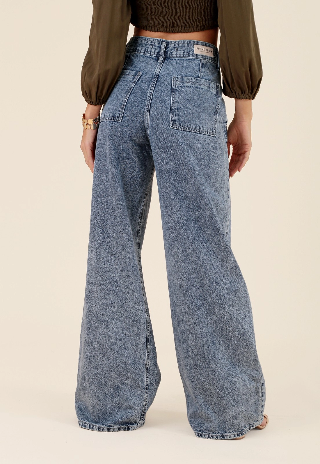 Calça Wide Leg Jeans Bolso Faca Azul Claro