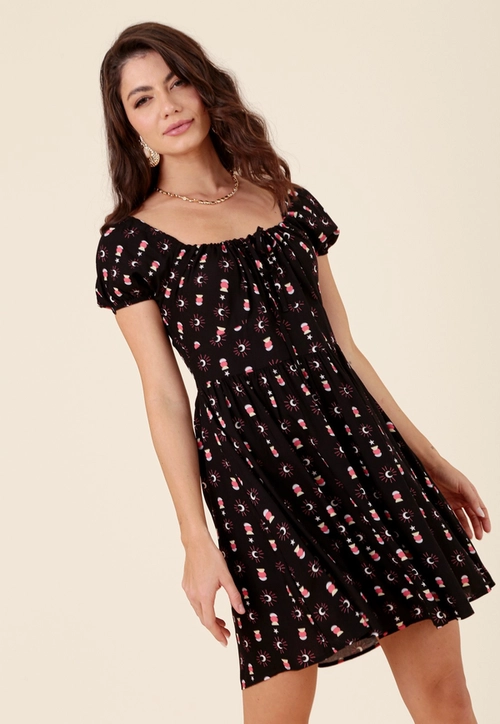 Vestido Curto Em Viscose Estampada Manga Curta