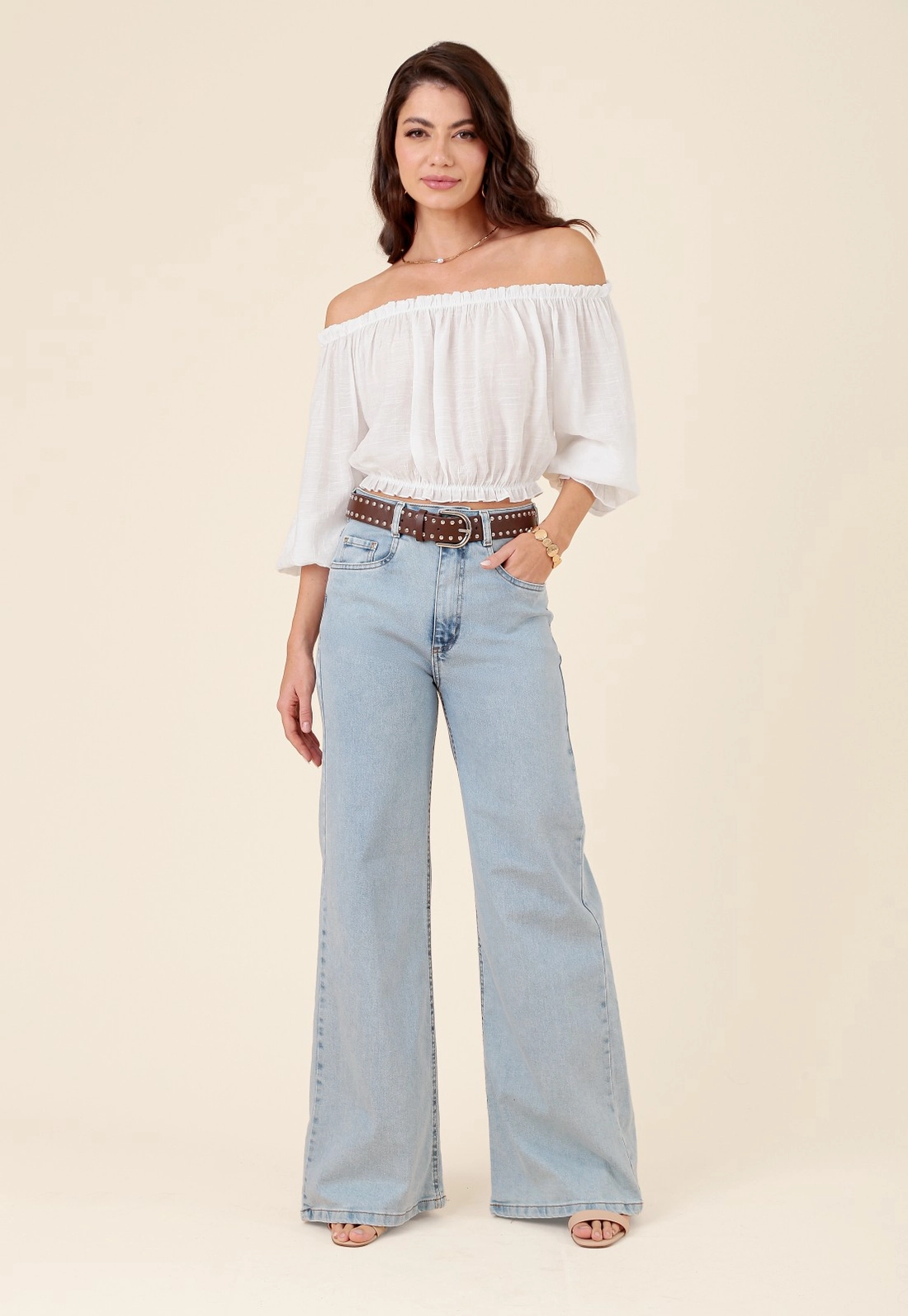 Calça Pantalona Jeans Bolso