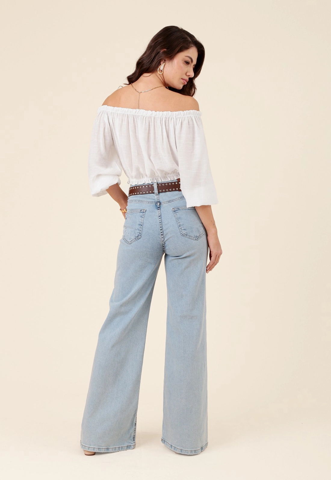 Calça Pantalona Jeans Bolso
