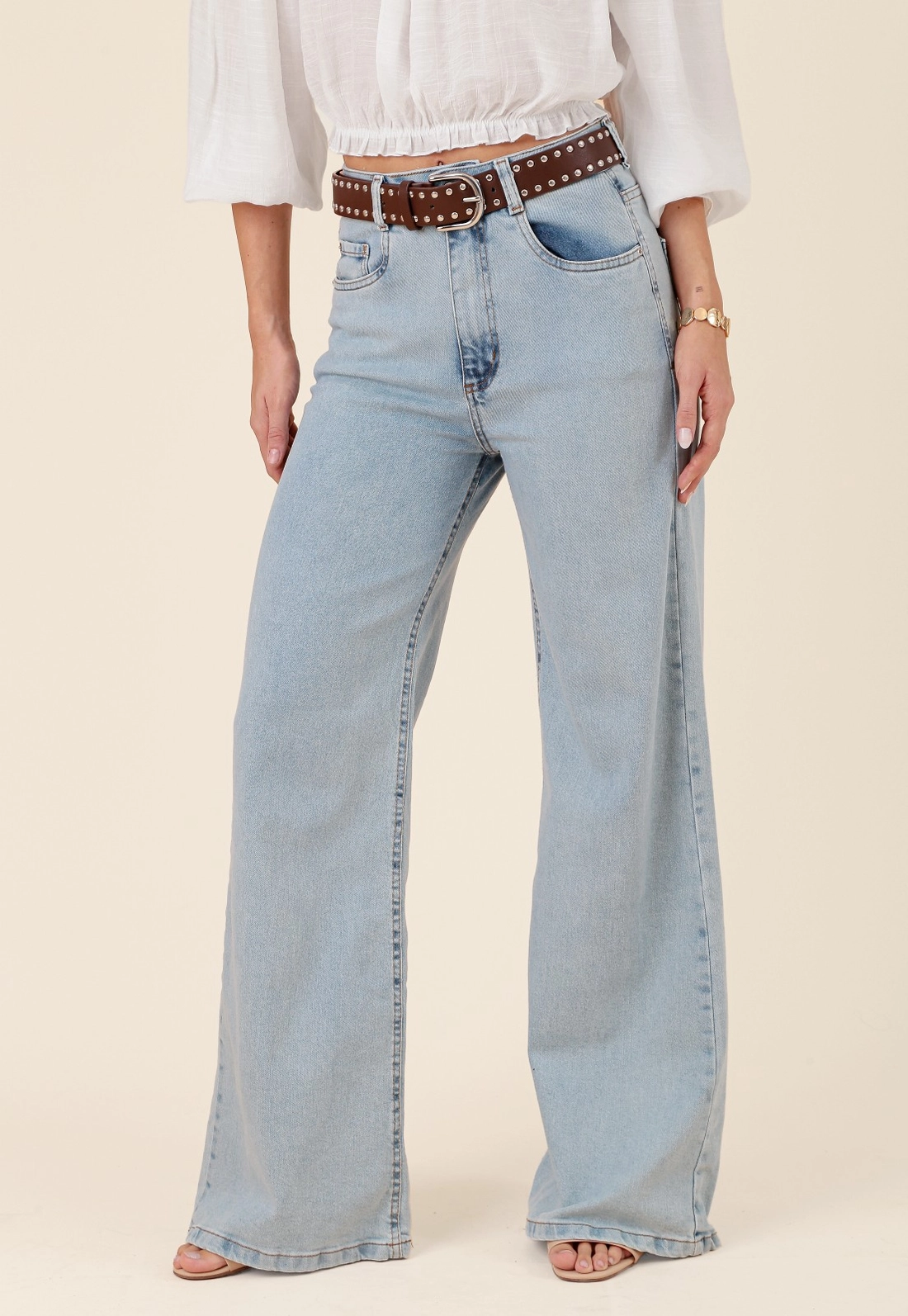 Calça Pantalona Jeans Bolso