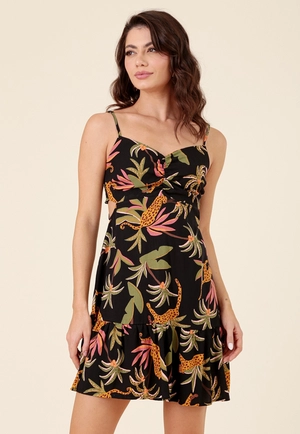 Vestido Curto Em Viscose Estampa Tropical Abertura Lateral