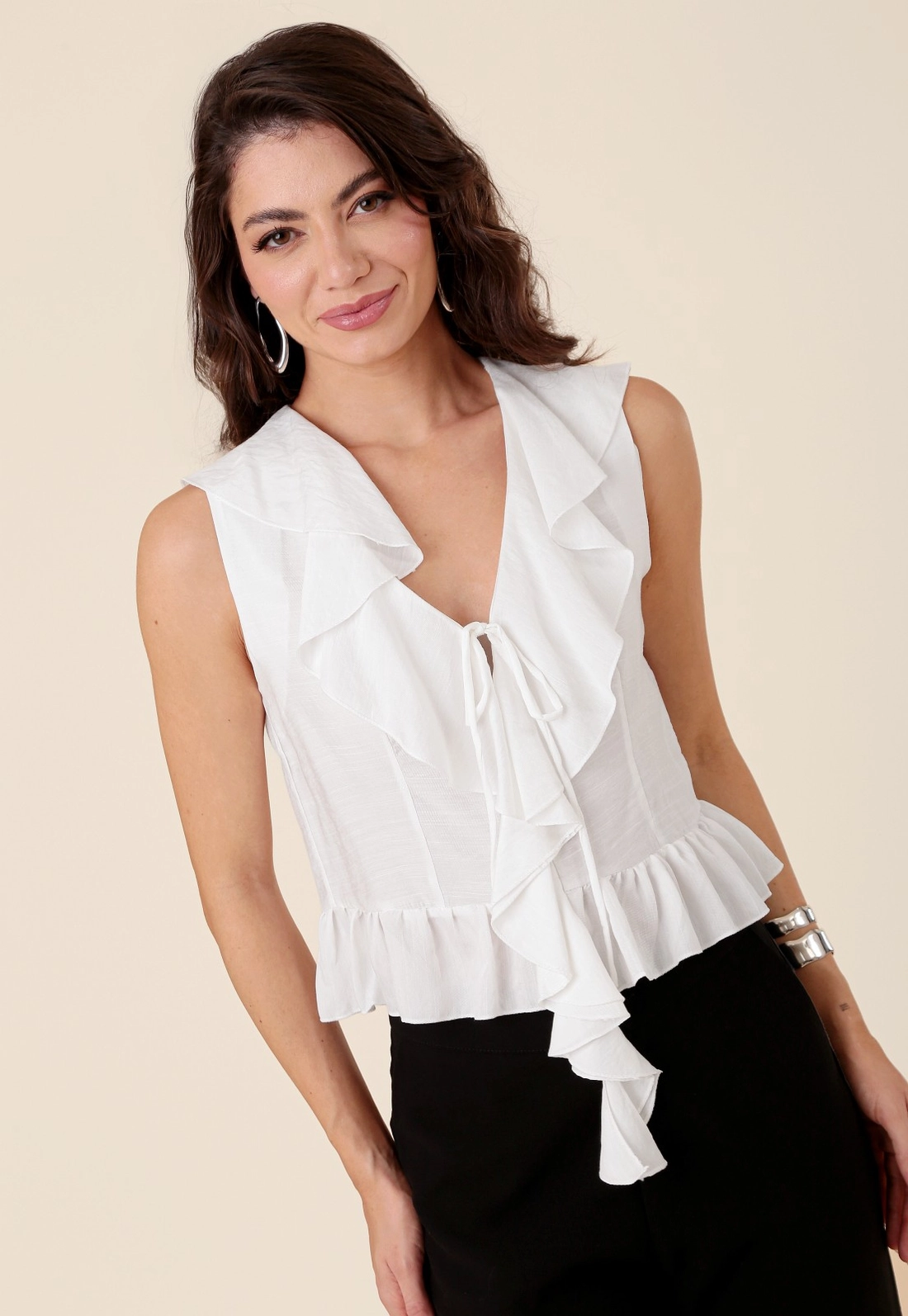 Blusa Em Marrant Light Sem Mangas Com Babados
