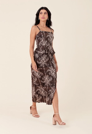 Vestido Em Linho Estampado Palmeira Negra Peplum Com Alças