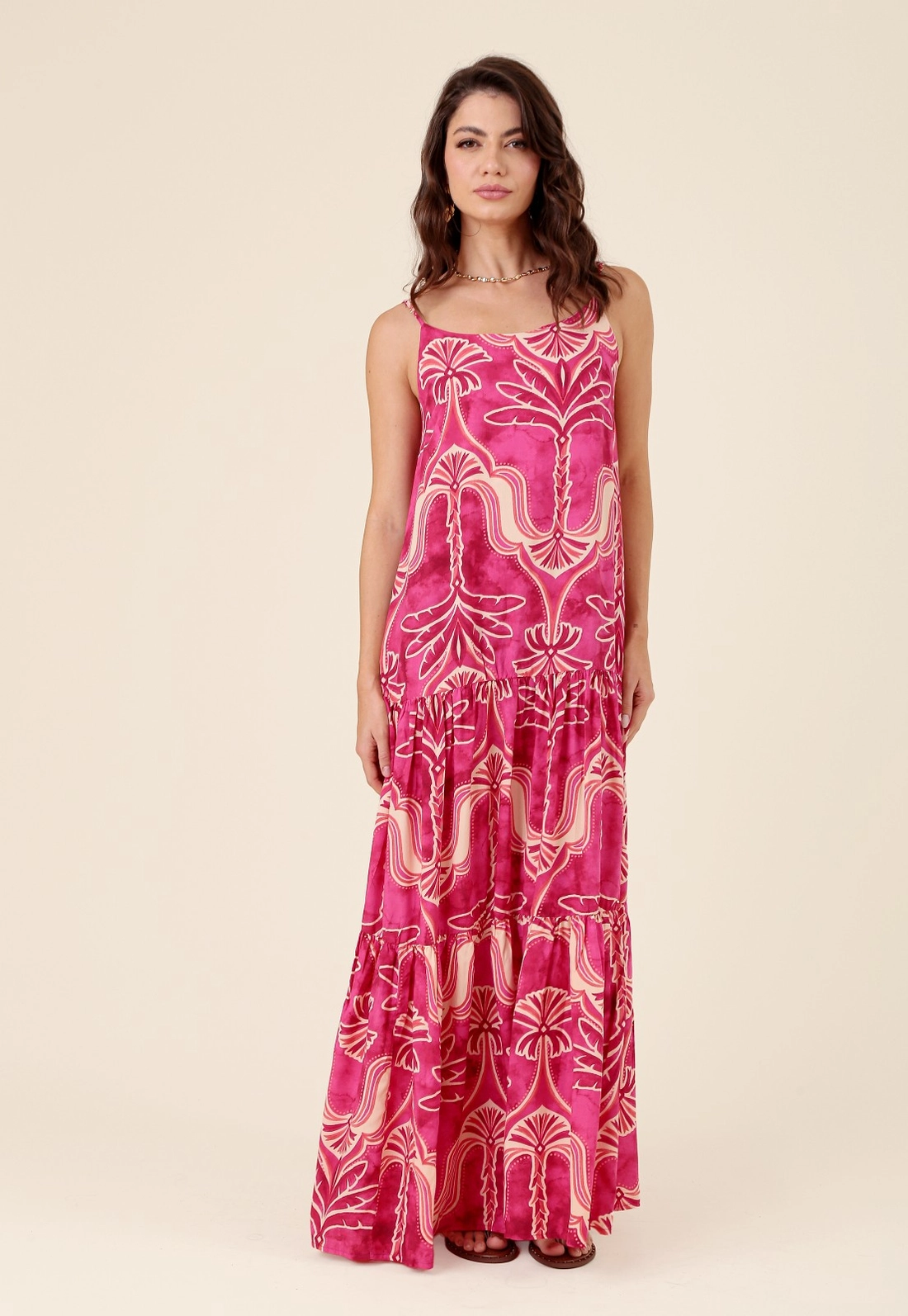 Vestido Longo Alça Em Viscose Estampada Oásis