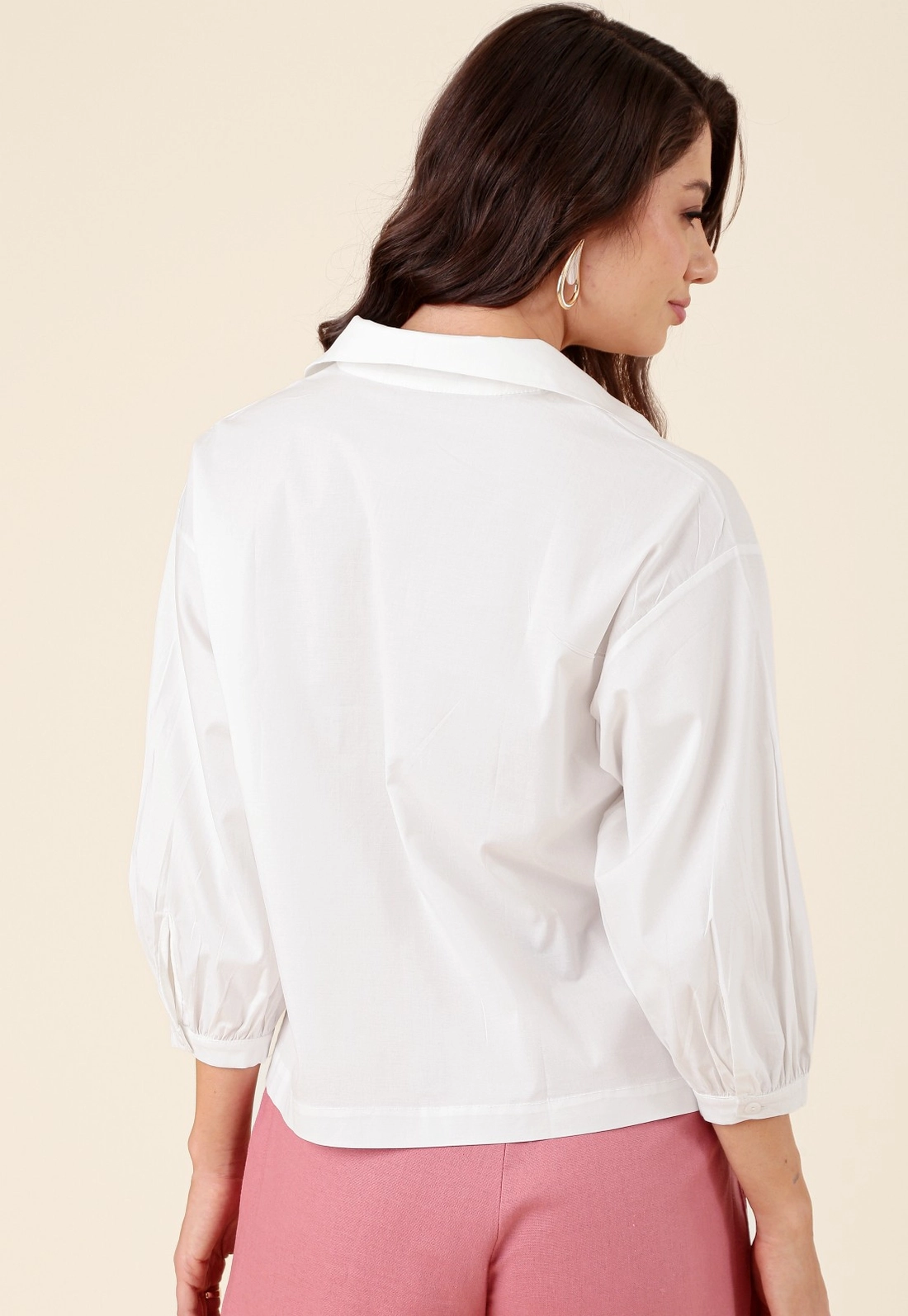 Blusa Em Tricoline Manga 7/8 Gola Polo Decote V