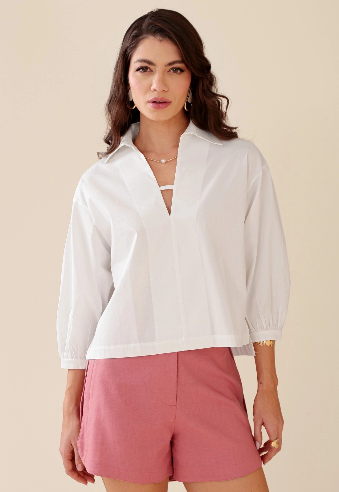 Blusa Em Tricoline Manga 7/8 Gola Polo Decote V