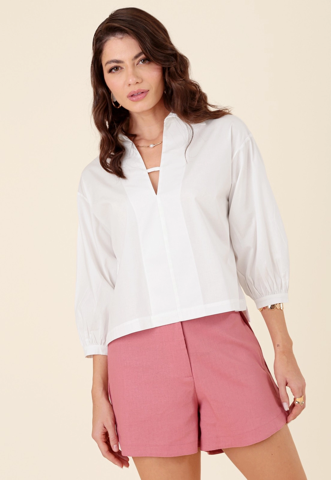 Blusa Em Tricoline Manga 7/8 Gola Polo Decote V