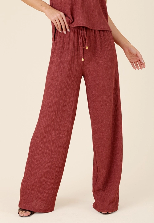 Calça Wide Leg Em Malha Texturizada Cós Elástico