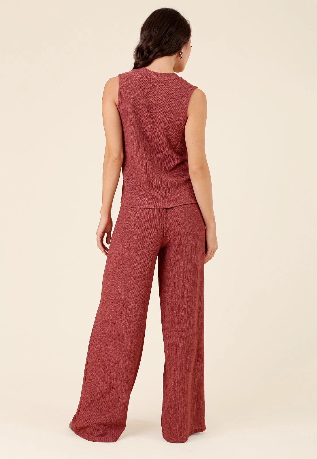Calça Wide Leg Em Malha Texturizada Cós Elástico