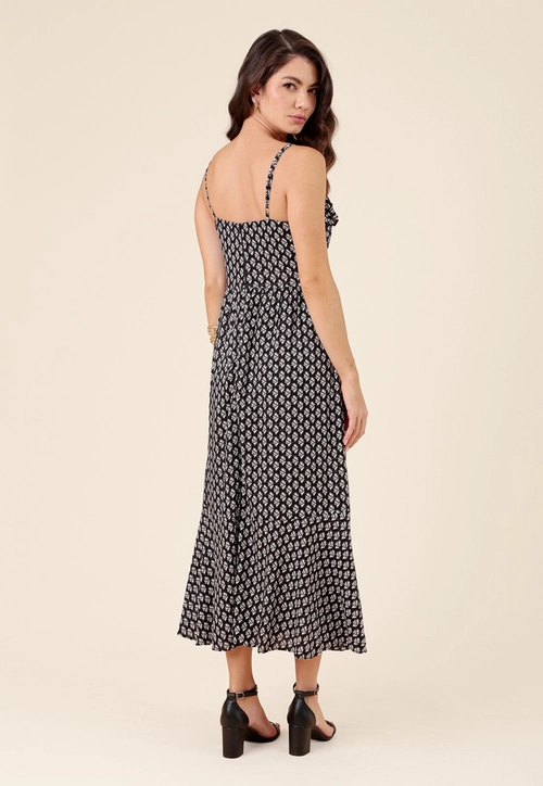 Vestido Midi Em Viscose Com Lurex Alça Babados