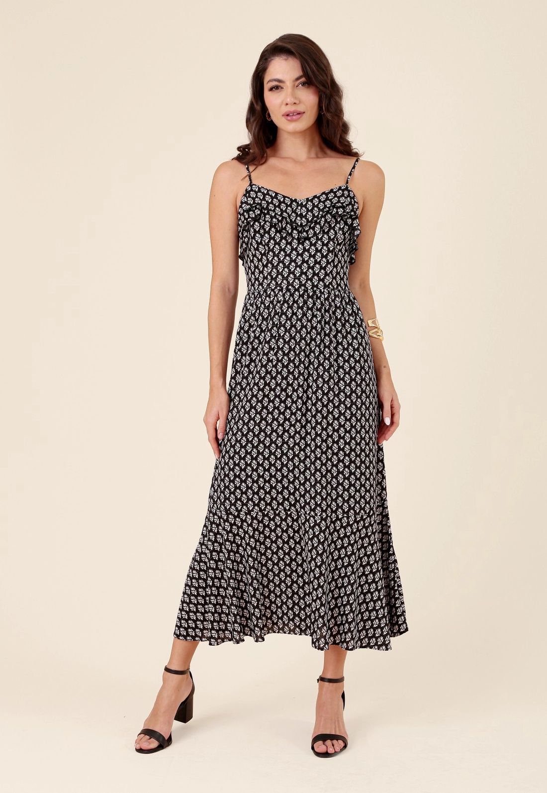 Vestido Midi Em Viscose Com Lurex Alça Babados