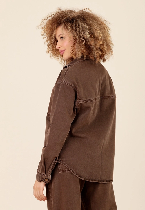 Camisa Overshirt Em Sarja Manga Longa Com Bolsos