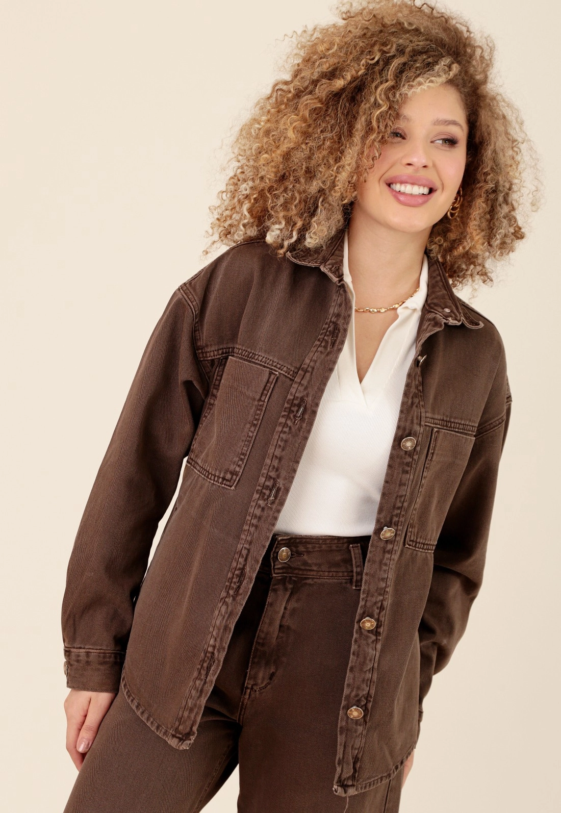 Camisa Overshirt Em Sarja Manga Longa Com Bolsos