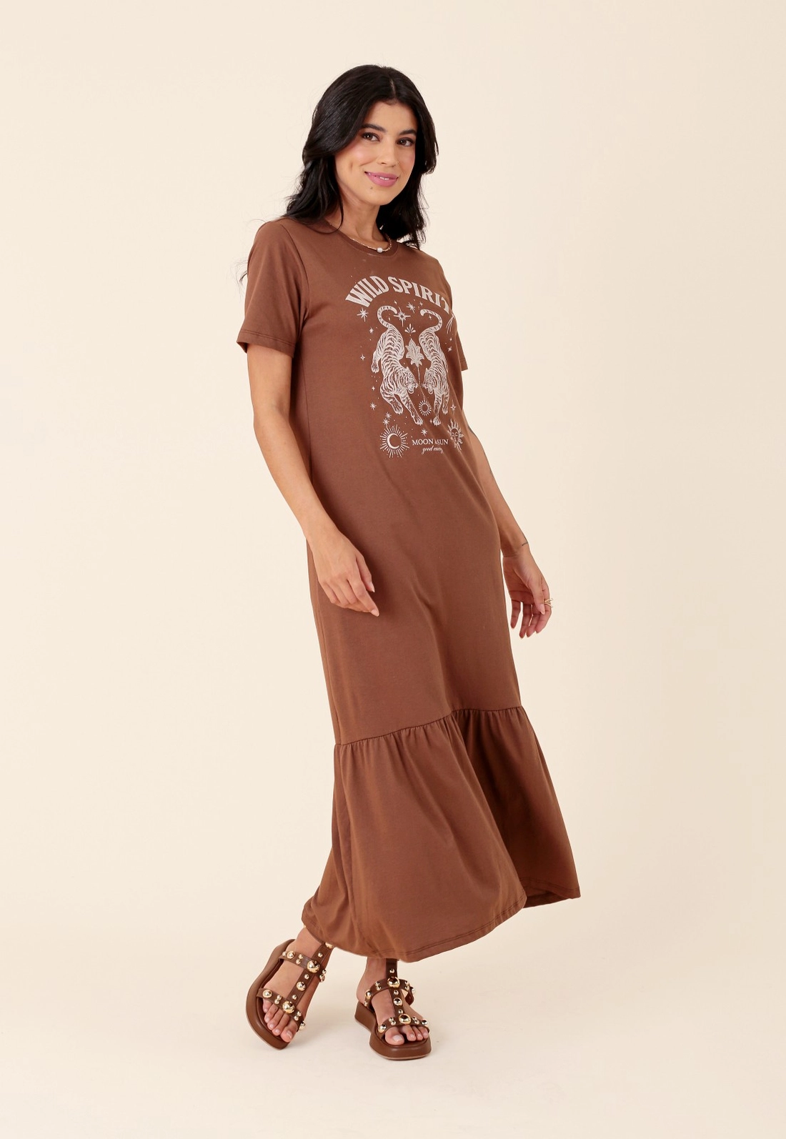 Vestido Midi Em Meia Malha Manga Curta Wild Spirit