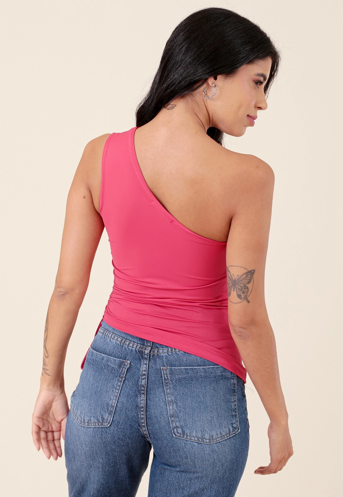 Blusa Ombro Só Em Poliamida Com Franzido Lateral