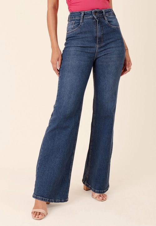 Calça Jeans Com Elastano Wide Leg Azul Escuro