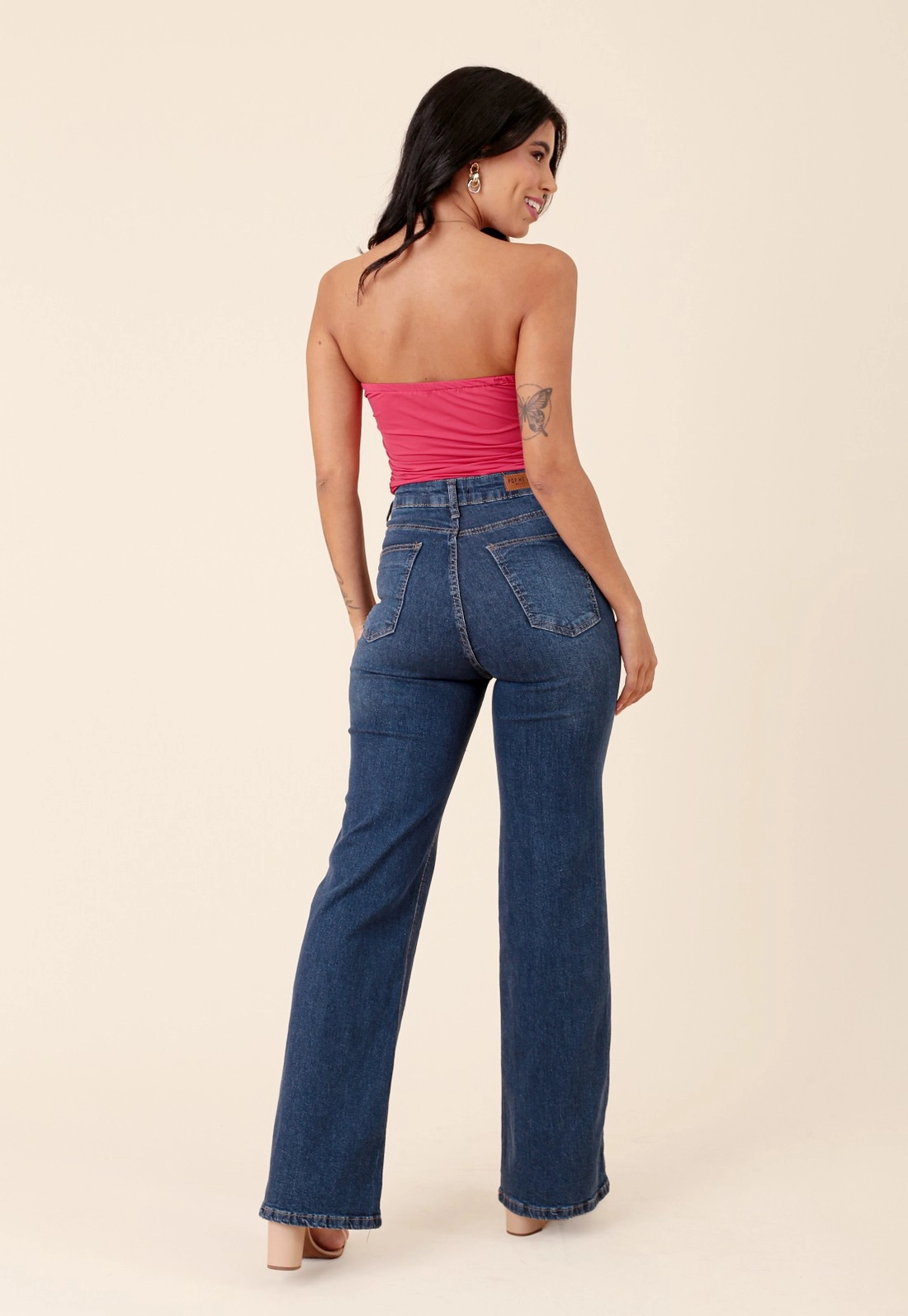 Calça Jeans Com Elastano Wide Leg Azul Escuro
