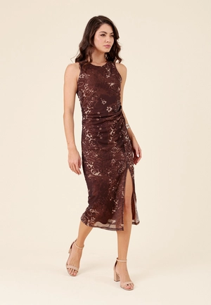 Vestido Midi Em Tule Estampado Cashmere Sem Manga Franzido