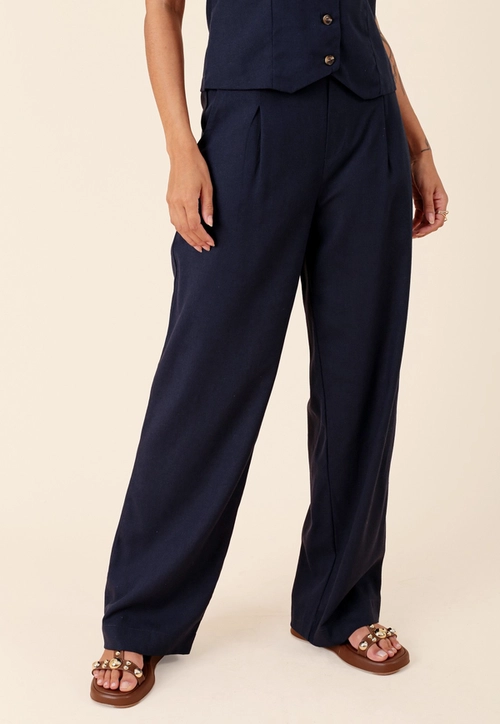 Calça Wide Leg Em Linho Bolso Faca Pregas