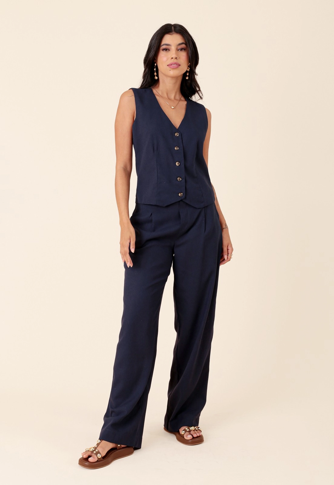Calça Wide Leg Em Linho Bolso Faca Pregas