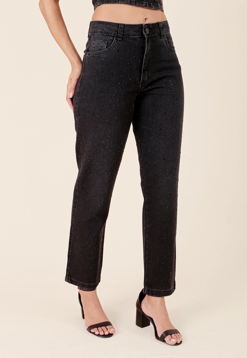Calça Jeans Black Reta Com Strass