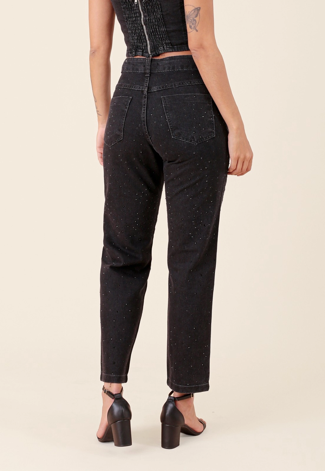 Calça Jeans Black Reta Com Strass