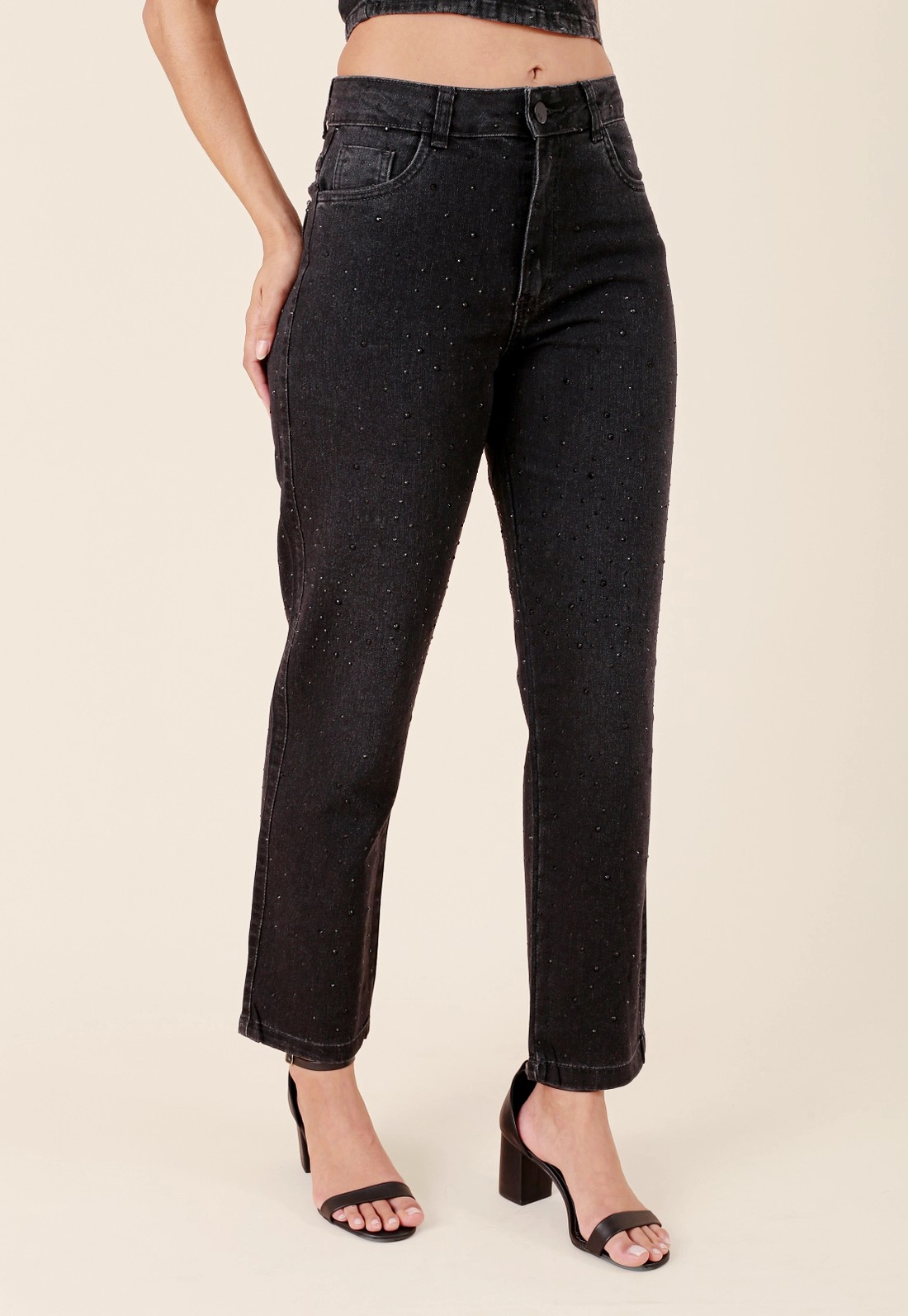 Calça Jeans Black Reta Com Strass