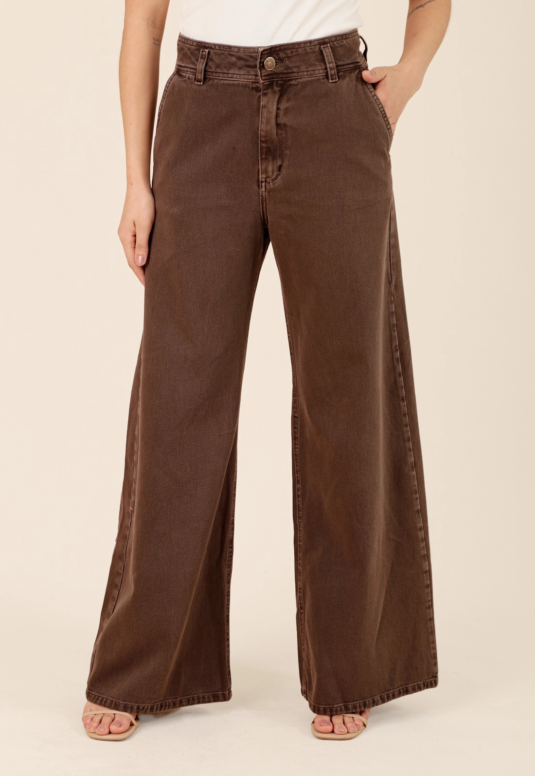 Calça Wide Leg Em Sarja