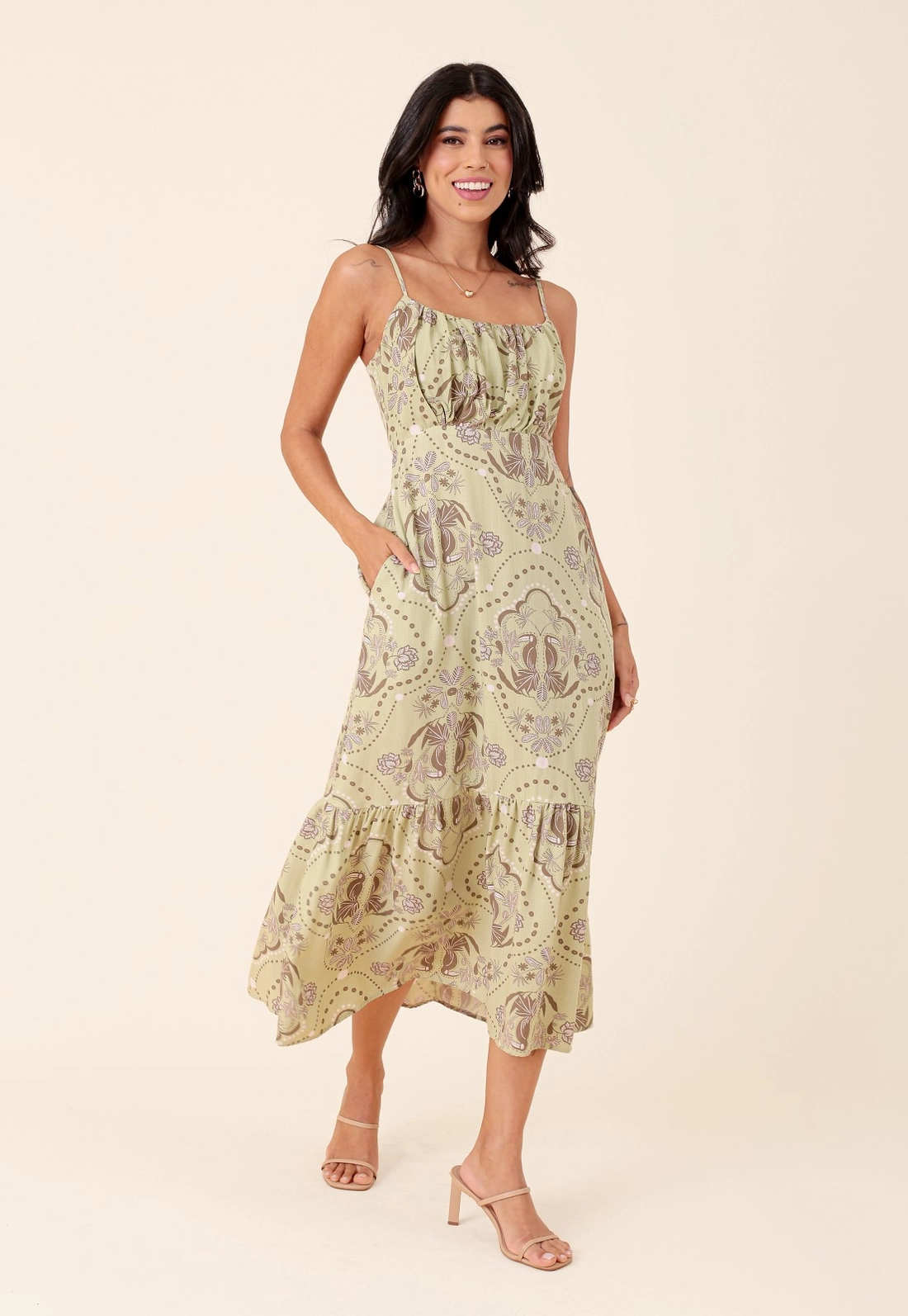 Vestido Midi Em Viscose Estampada Tucano