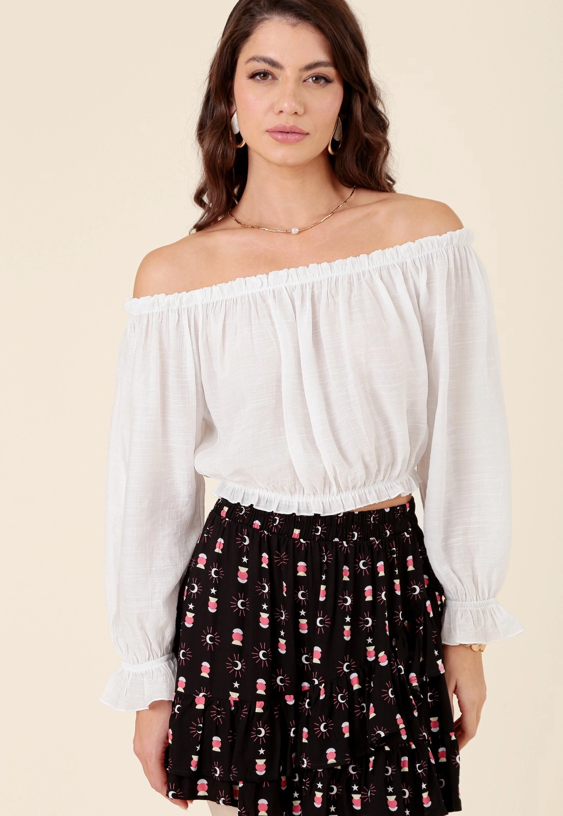 Blusa Em Viscose Manga 7/8 Decote Ombro A Ombro
