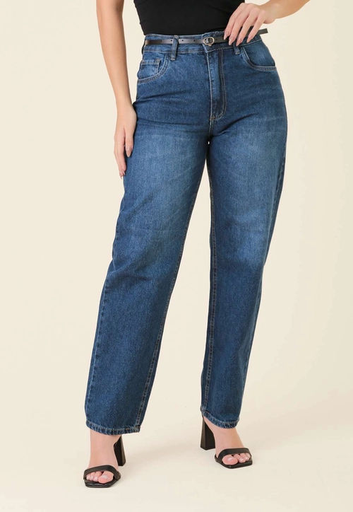 Calça Mom Jeans Com Cinto Azul Escuro