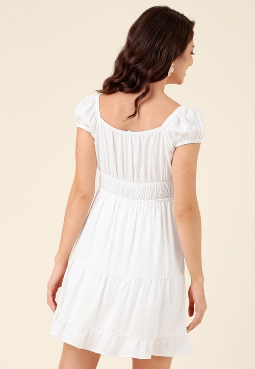 Vestido Curto Em Viscose Twill Manga Curta Elástico