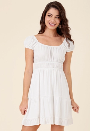 Vestido Curto Em Viscose Twill Manga Curta Elástico