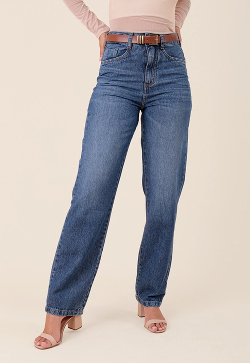 Calça Jeans Reta Azul Escuro Com Cinto