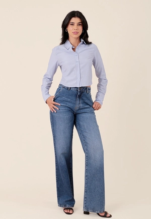 Calça Jeans Reta Azul Escuro Bolso Faca
