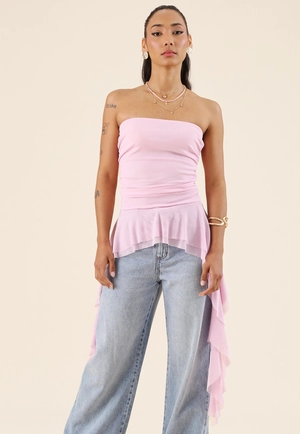 Blusa Em Tule Decote Reto Com Babados Assimétrico