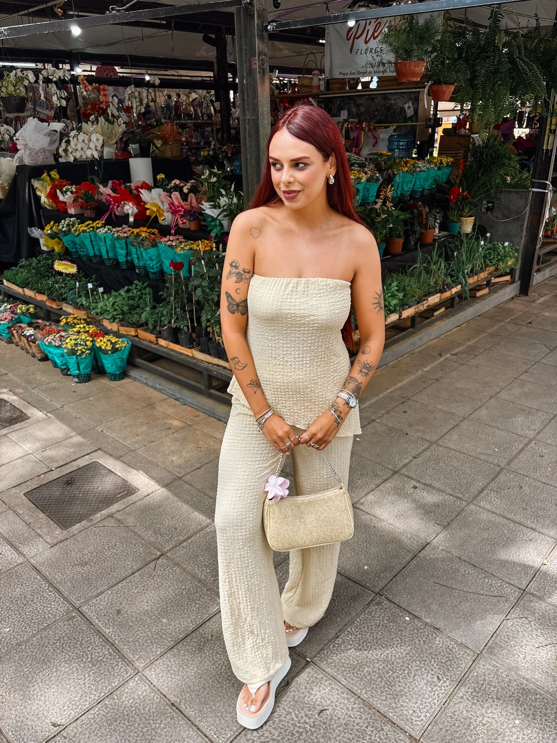 Calça Pantalona Em Malha Texturizada