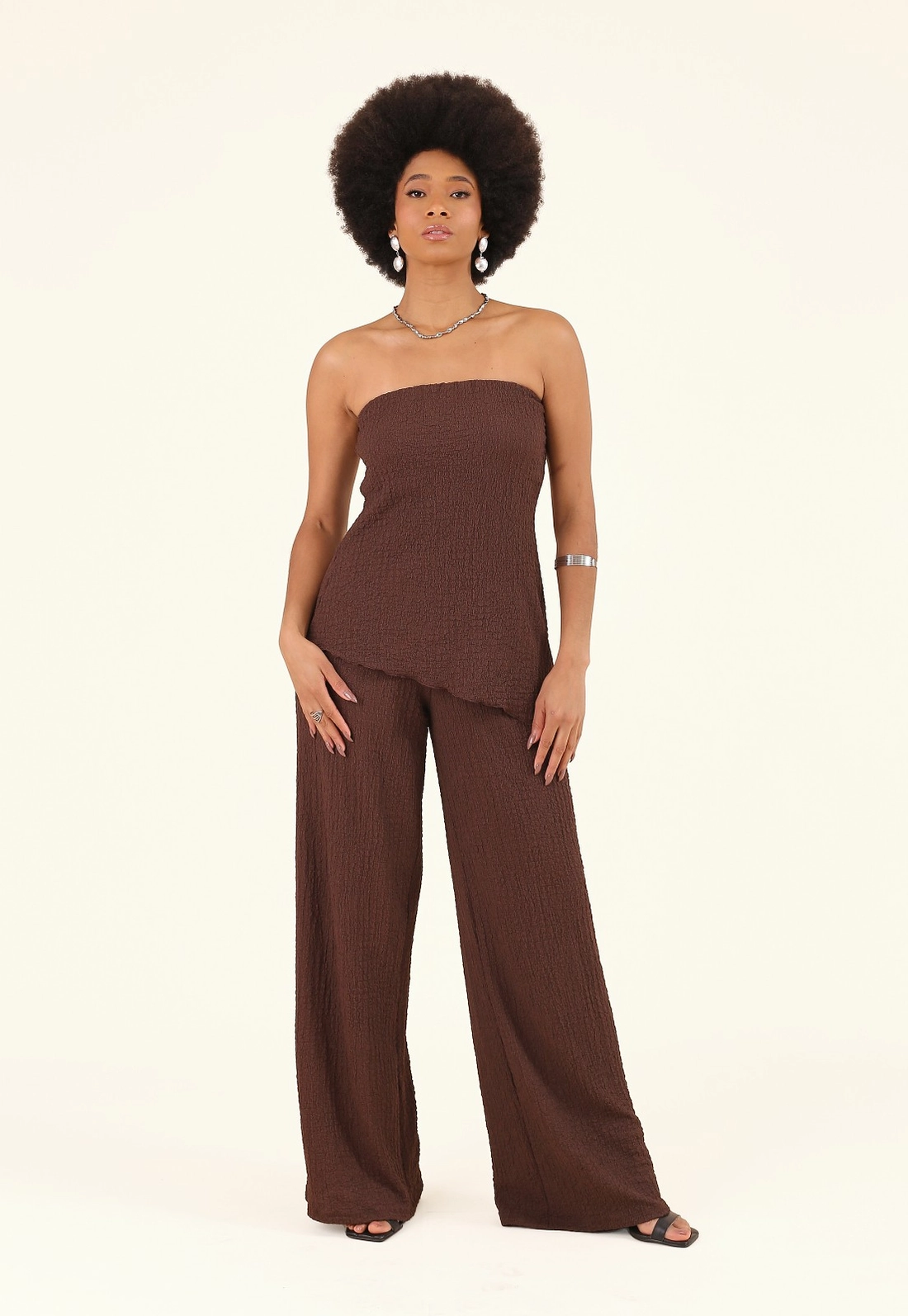Calça Pantalona Em Malha Texturizada