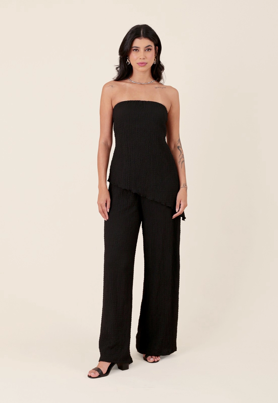 Calça Pantalona Em Malha Texturizada