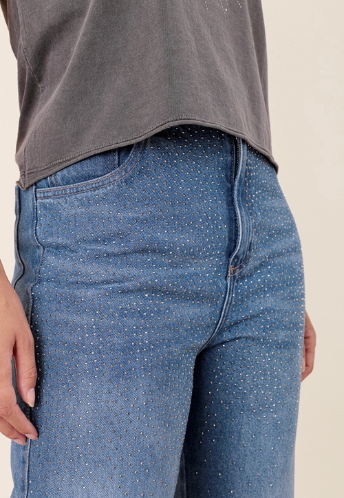 Calça Jeans Reta Com Strass Frontal