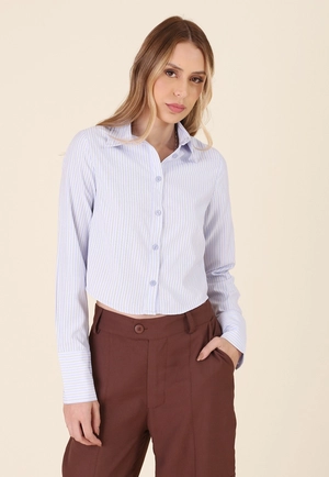 Camisa Cropped Em Tricoline Listrado Manga Longa