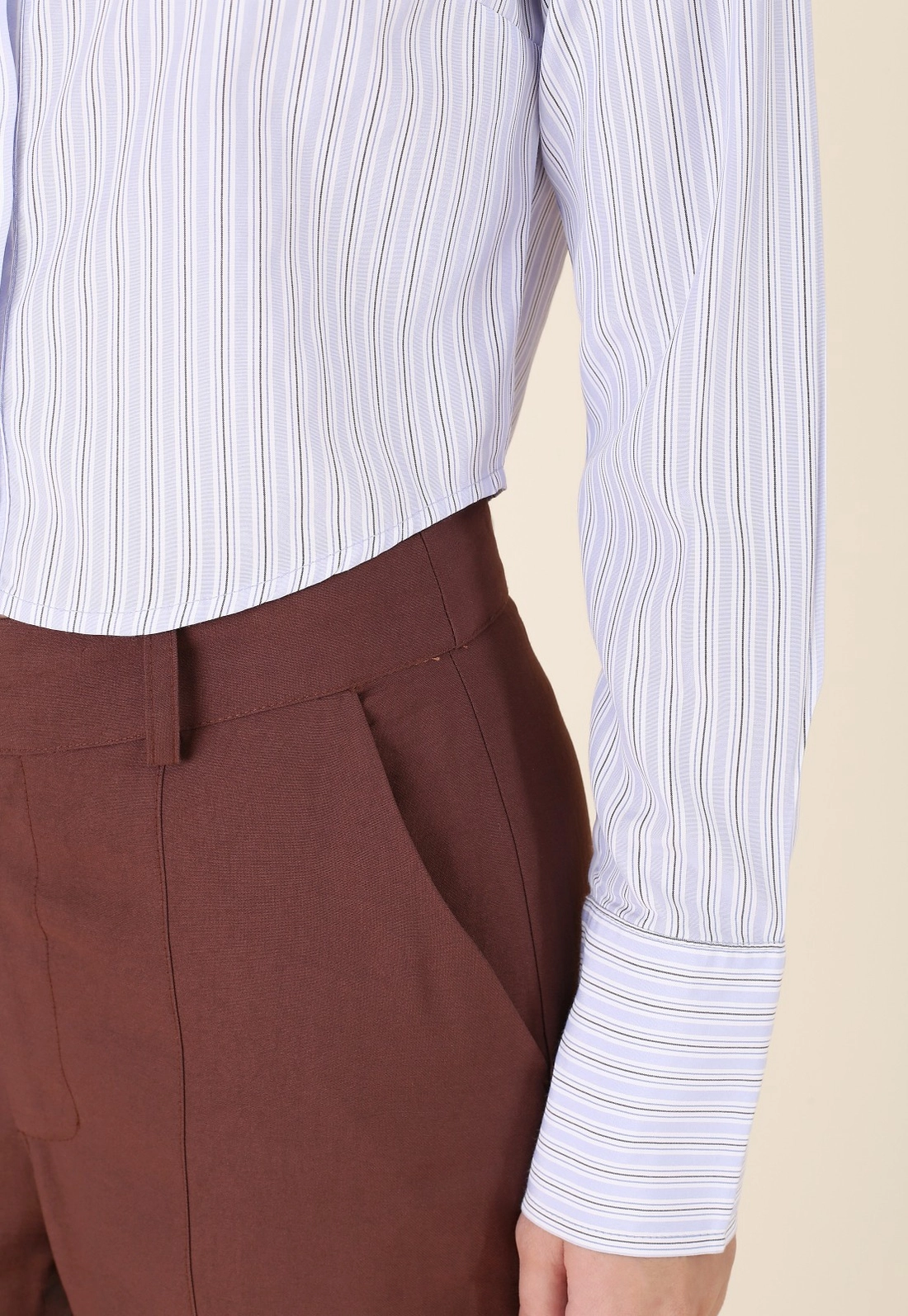 Camisa Cropped Em Tricoline Listrado Manga Longa