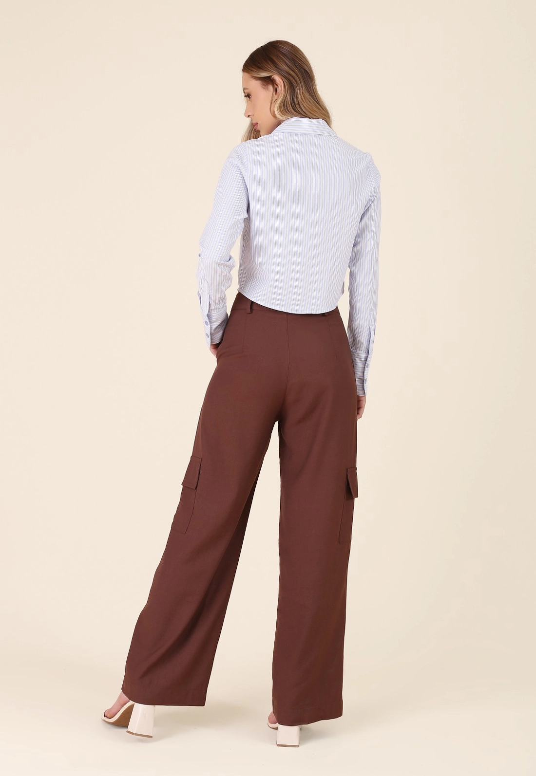 Camisa Cropped Em Tricoline Listrado Manga Longa