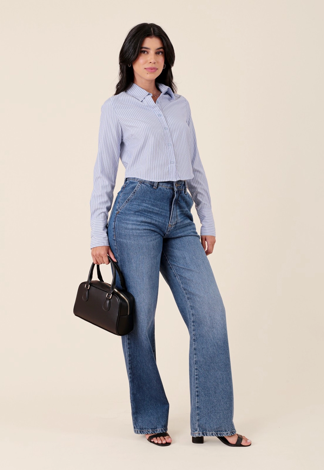 Camisa Cropped Em Tricoline Listrado Manga Longa