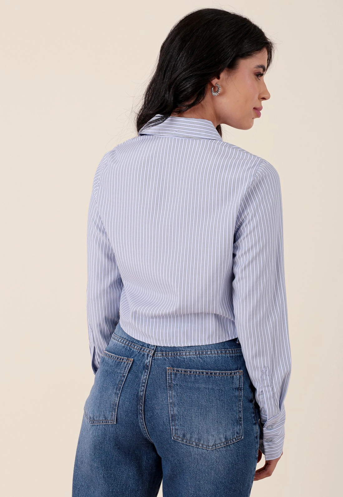 Camisa Cropped Em Tricoline Listrado Manga Longa