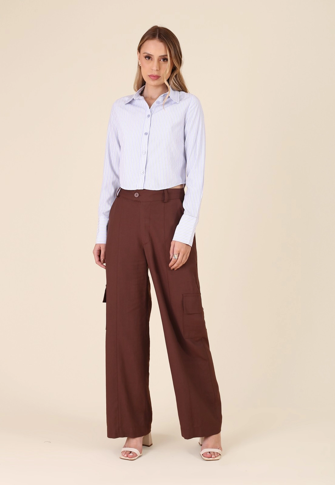Camisa Cropped Em Tricoline Listrado Manga Longa