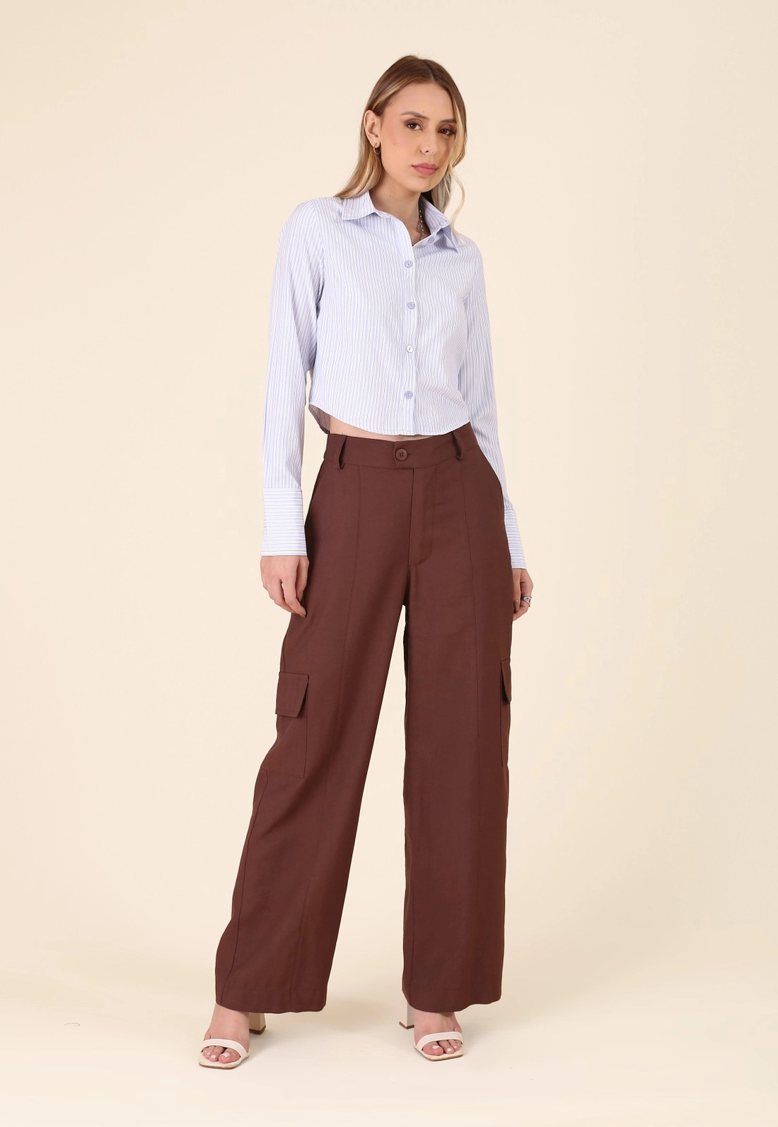 Camisa Cropped Em Tricoline Listrado Manga Longa