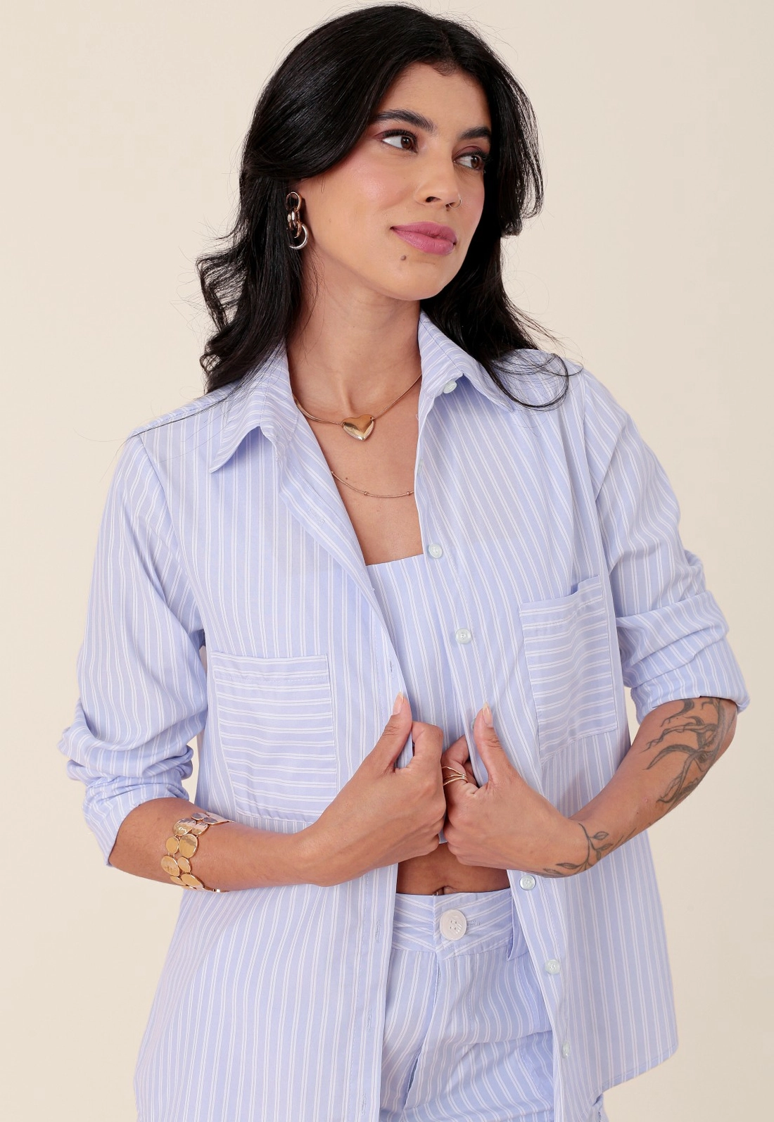 Camisa Em Tricoline Listrada Manga Longa Bolso
